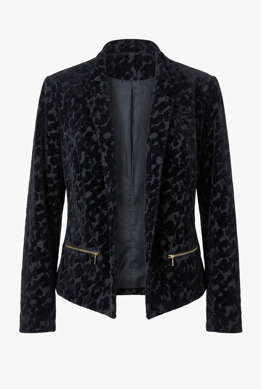 Calvin Klein Women's XL Black-Crop-Open Front Jacket-Flocked-Gold-Zip Pockets